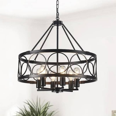 ZJVAIVE 6-Light Matte Black Modern Farmhouse Lantern Drum Chandelier
