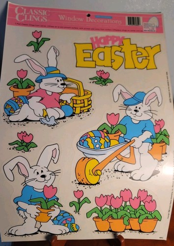 Vintage Lot 3 Sheets Cute Silly Easter Bunny Egg Basket Window Clings 1993 New - Picture 7 of 21