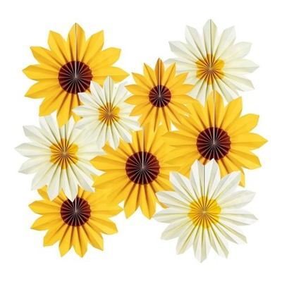 Pack of 9 Bright Sunflower Paper Fan Flowers for Party Classroom Wall Hanging