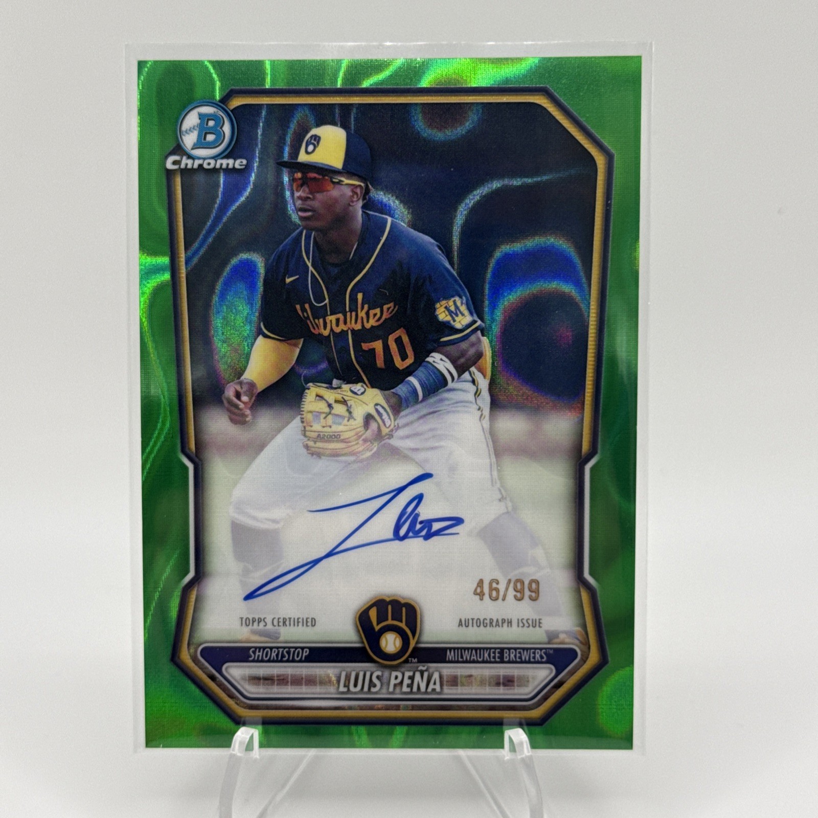 2026 Bowman Chrome Luis Pena Prospects Auto Green Lava Refractor #/99 Brewers
