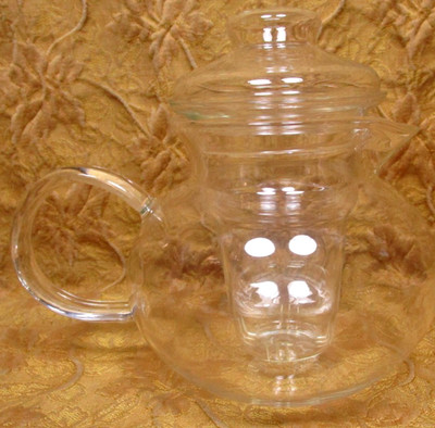 1 used PRIMULA 3pc. Borosilicate clear glass 7''h teapot, infuser & lid 40oz. cap