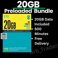 Preloaded EE SIM £10 Bundle – 20GB Data + 500 Mins & Texts – No Contract 30 Days