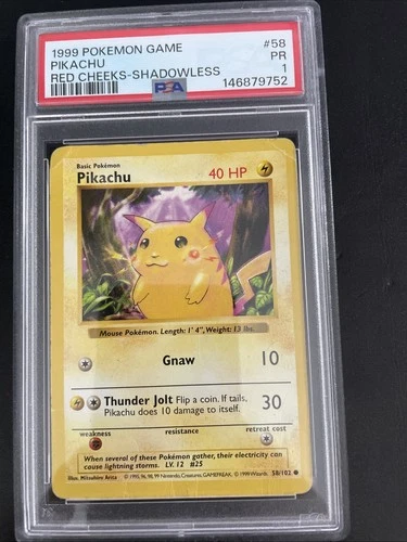 Pokémon Pikachu Shadowless Card 58/102 Unlimited Base Set, Red Cheeks, PSA 1