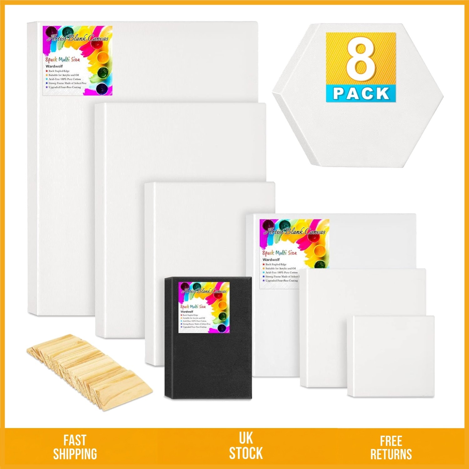 Professional Triple Primed Stretched Blank Art Cotton Painting Canvases 8 Pack