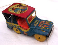 1950's Friction WESTERN COWBOY JEEP Tin Toy / DAIYA - JAPAN / Nice Shape / Works