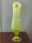 MCM Fenton Vaseline Uranium Topaz Hobnail Swung Vase 12" Magenta Fenton Label