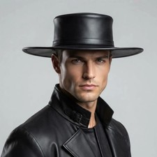 Black Leather Cordobes Hat Spanish Bolero Matador Wide Flat Brim