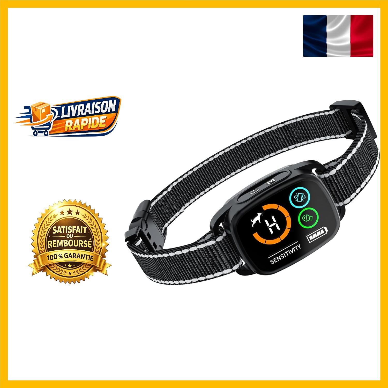 Collier anti-aboiement rechargeable et étanche pour grand et petit chien noir