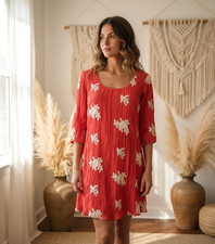 NEW ECI Beige S Swing Dress Red Embroidered Floral Cut Out Mini Boho Cottage