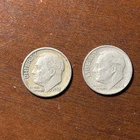 Lot of 2 pre-1965 Roosevelt silver dimes. 90% silver. Circulated condition.