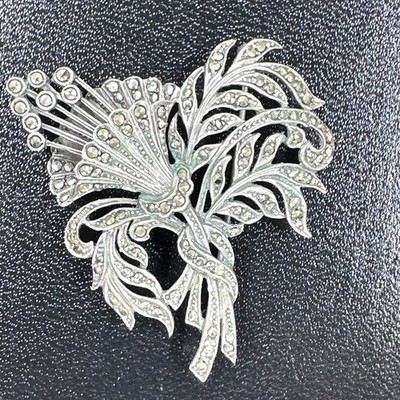 Vintage Art Nouveau style Marcasite Floral Spray Brooch in 835 Silver