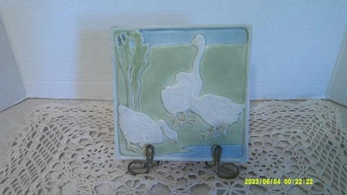 1936 Rookwood Pottery Tile, White Geese with Green & Blue Scenic Background