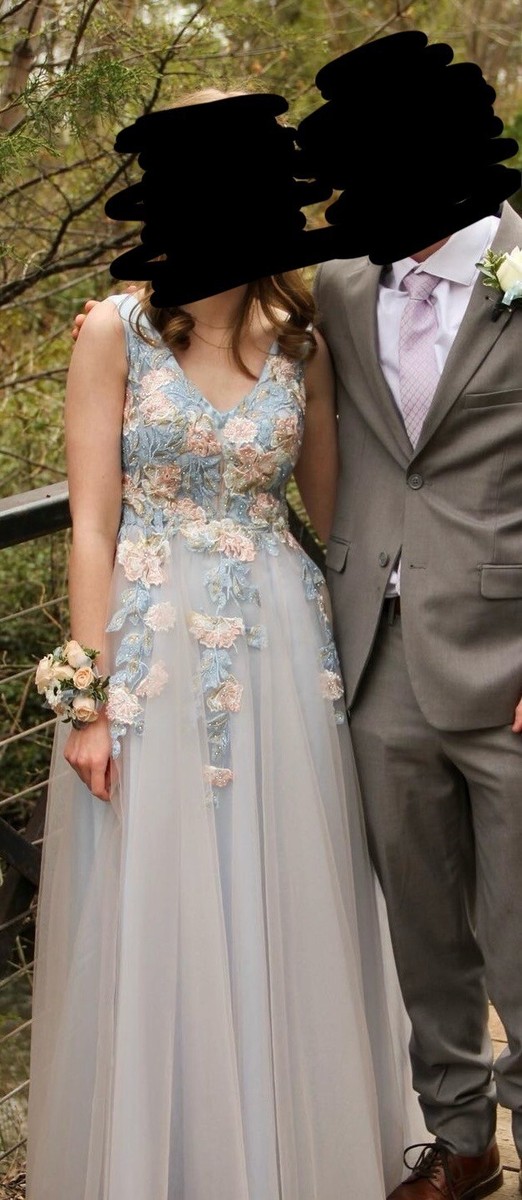 Blue Prom Dress with Pink Flowers Size 2 from Just Girl Stuff Worn Once |  eBay UK