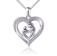925 Sterling Silver Mother and Child Love Heart Pendant Necklace Chain 18" K72