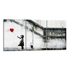 3 Piece Banksy Grafitti Girl with Red Balloon Modern Stretched Canvas Wall Art