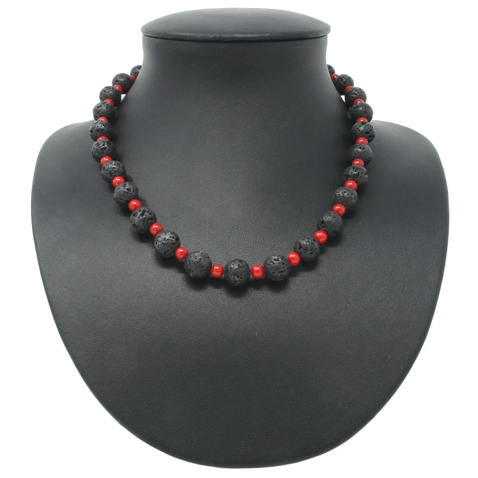 Collar De Lava Y Coral Negro-Rojo 925 Plata 51cm Joyería De Cuello - Imagen 3 de 3