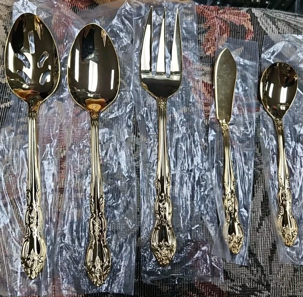 Matching Set Of 5 gold Plated Korea Serving Utensils New Flatware Gold Plated