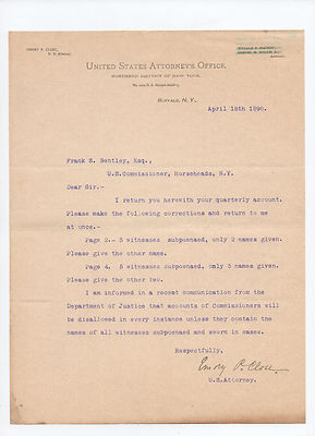 signed 1898 letter District Attorney Emory P Close to Commissioner Frank Bentley