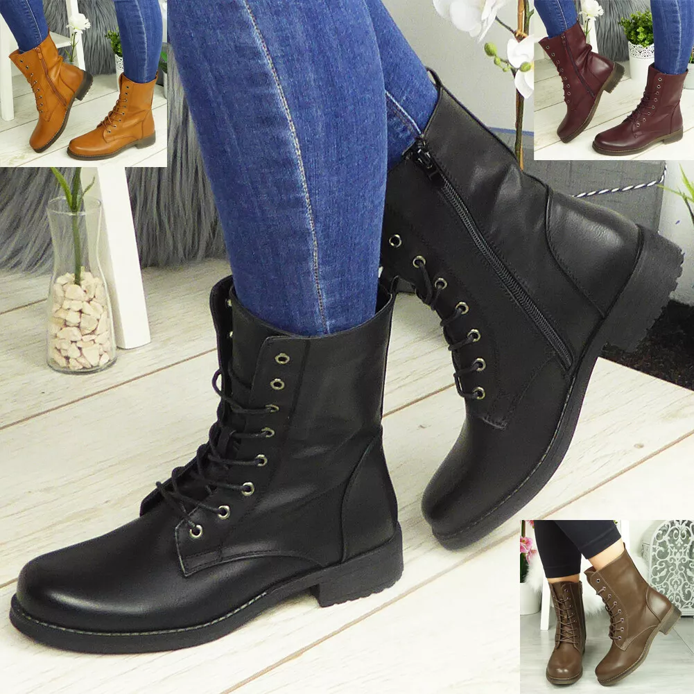 Ankle Boots Shoes Ladies Biker Zip Lace Up Army Combat Winter Casual Womens  Size