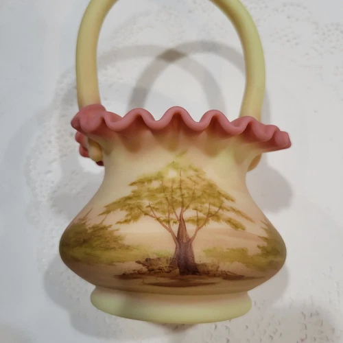Fenton Burmese Ruffled Satin Custard And Pink Tree Sceen Basket. Signed By...
