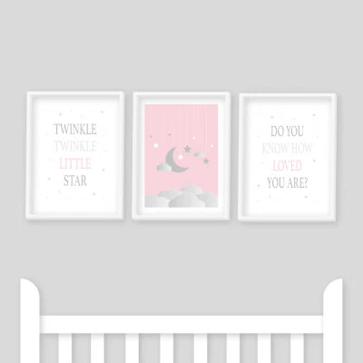 Nursery Prints - Twinkle Twinkle Little Star Pink, Baby Girl, Kids Bedroom, Moon