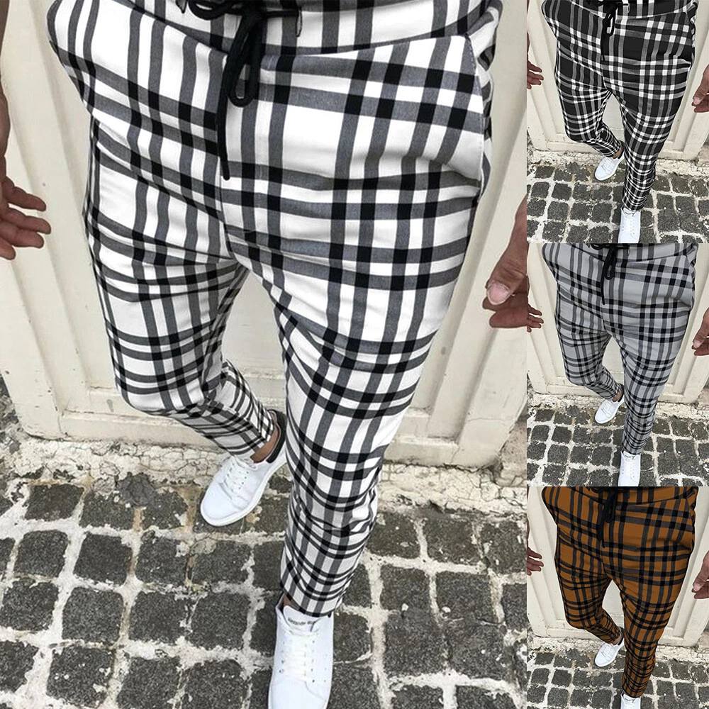 Mens Plaid Stripe Lace Up Casual Pants Slim Fit Check Trousers Business Pants