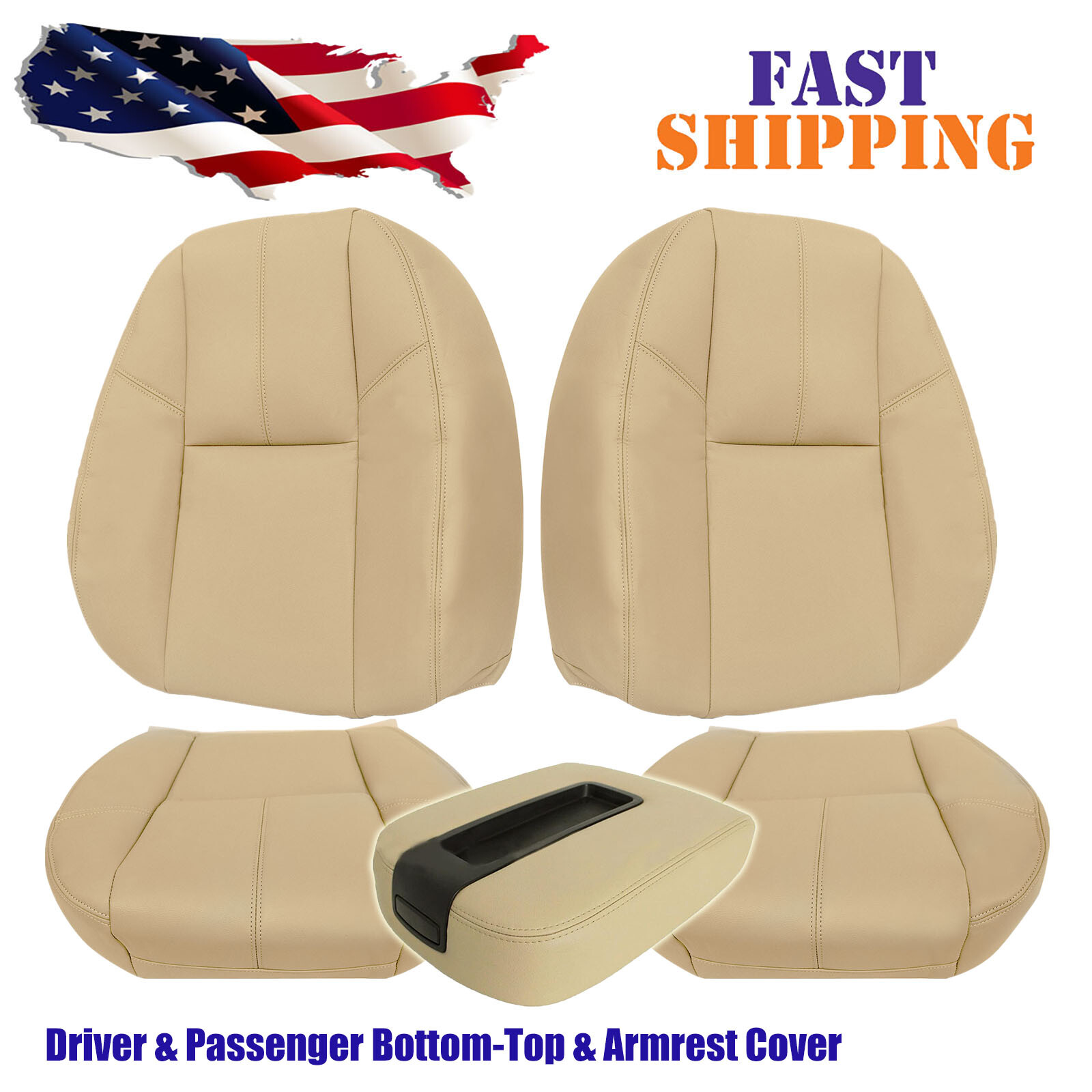 Front Side Leather Seat & Armrest Cover Tan #333 For 2007-2014 Chevy Silverado
