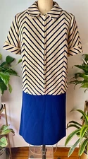 VTG 60'S GINO PAOLI MOD BLUE&CREAM KNIT WOOL STRIPE JACKET&SKIRT SUIT SET*S/M