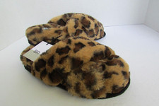 BP. Sophie Criss Cross leopard print Faux Fur brown Slippers-Sz M 7-8-NWT