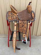 Western Two Tone Leather Hand Carved Ranch Roper Saddle with Buck Stitched