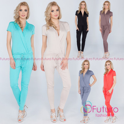 Damen-Overall mit Taschen V-Ausschnitt Halstuch Spielanzug Catsuit Größen 8 - 18 1080