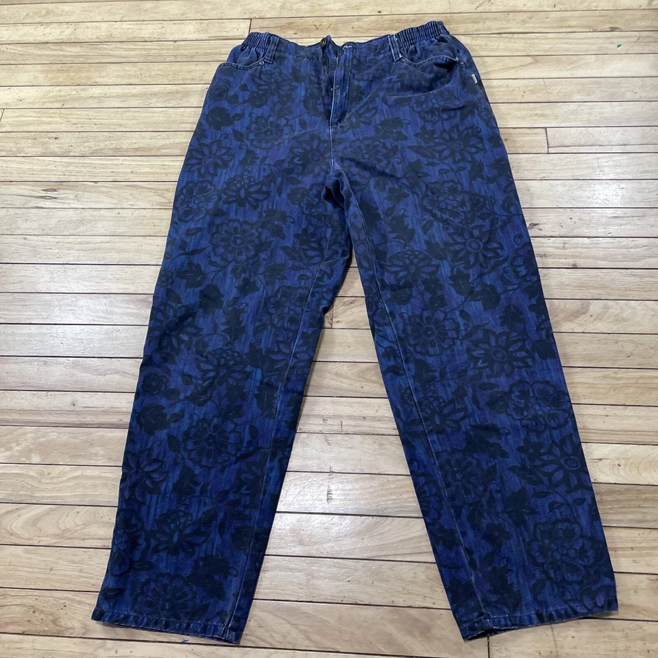 BLASS SPORT Vintage 90s Paisley Pants Women 16 High Waist Stretchy Blue Floral - Image 3 of 4