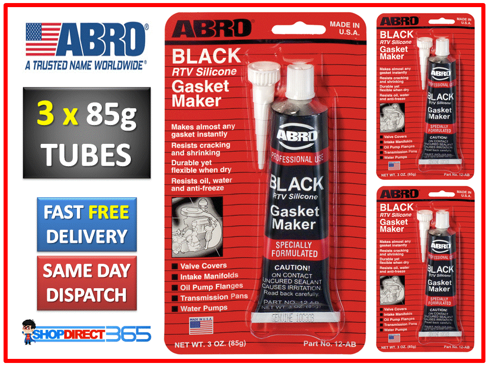 3 x ABRO RTV SILICONE INSTANT GASKET MAKER BLACK HIGH TEMP SEALANT 85g
