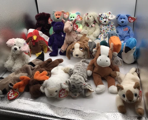 Vintage TY Beanie Babies Lot Of 20 Cats, Rabbits, Birds, Bears, Cow, Racoon Gift