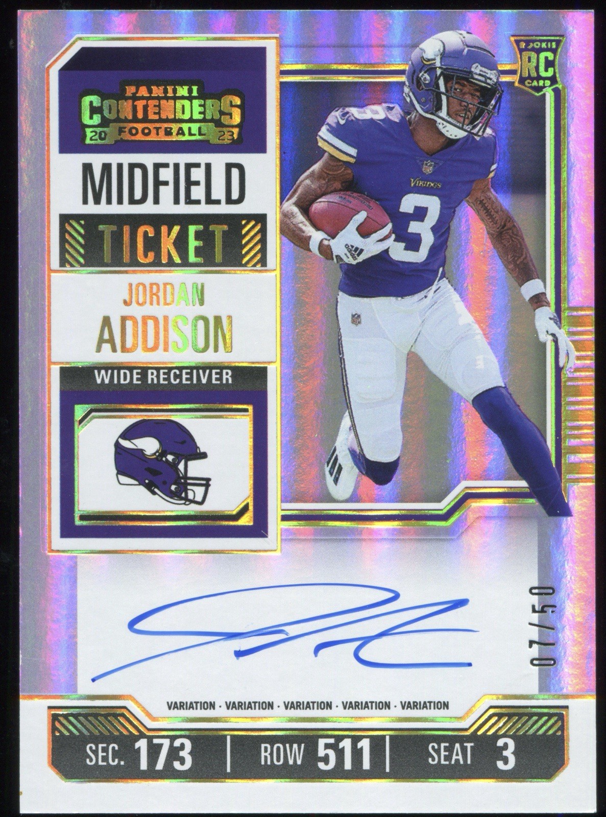2023 Panini Contenders Jordan Addison Rookie Midfield Ticket Auto Variation /50