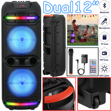 Dual 12" Rechargeable Bluetooth Karaoke Party Speaker w/ Wireless Mic Lights TWS