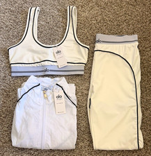 Women  s 3 Piece Fitness Outfit White Athletic Leggings Top Jacket Stylish Size M