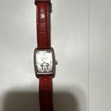 Disney Mickey Mouse Red Leather Strap Silver Case Wristwatch