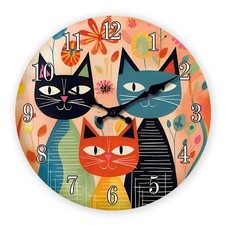 Retro Cute Cat Family Wooden Wall Clock Silent Quartz Home Decoration Gift