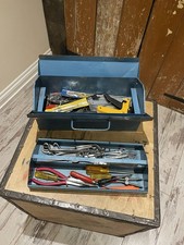 Vintage Blue Metal Toolbox With A Bunch Of Hand Tools Accessories Hardware