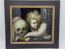 Antico quadro su vetro posteriore Memento Mori dipinto su vetro posteriore