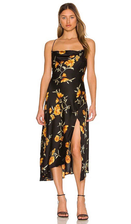 Women’s ASTR The Label Gaia Midi Dress Gold Floral S Wedding Guest Party