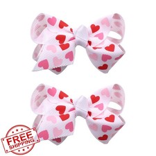 Valentine's Hair Bow Clips White Pink Heart Love Shaped 2Pcs
