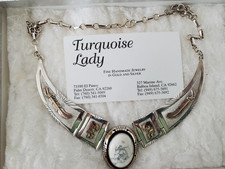 Signed Navajo White Buffalo Turquoise Sterling Silver & Gold Filled Necklace 19”