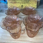 Jeannette Glass Cherry Blossom Pink Depression Cup Saucer /Dessert Tea Set of 4