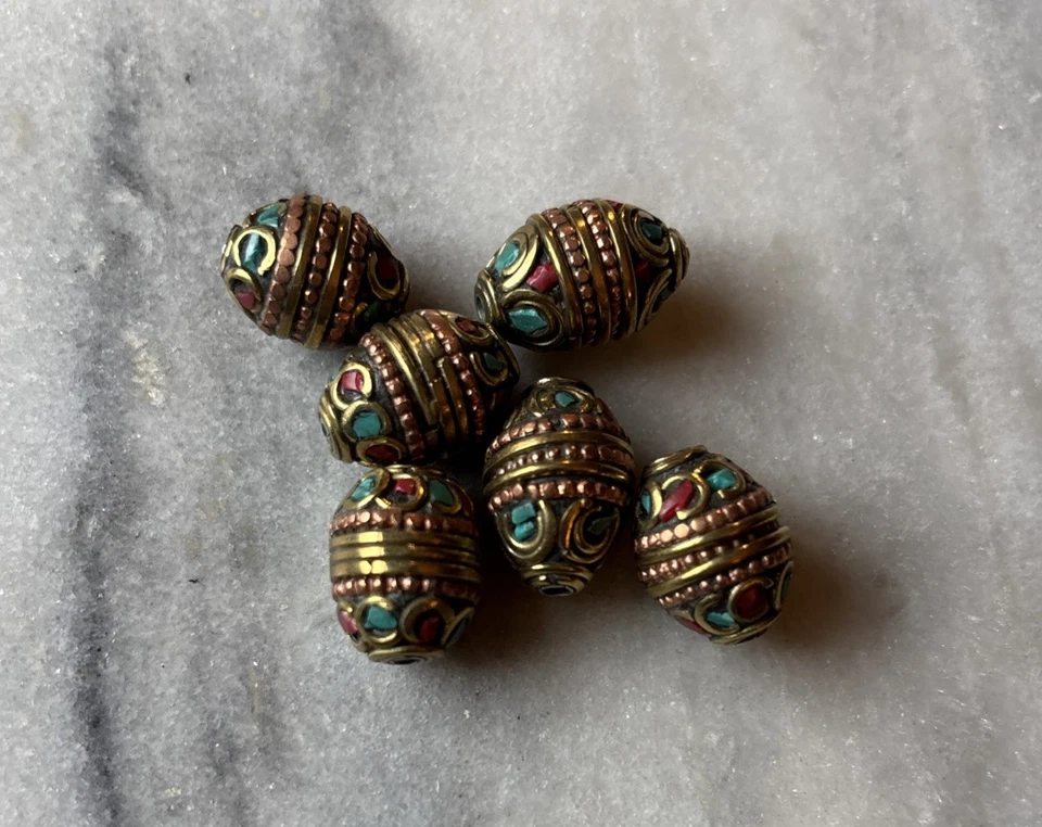 6pcs Tibetan Handmade Turquoise & Coral w Copper Bands  Beads 17x14mm CC139 - Image 3 of 3