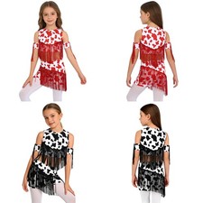 Kids Girls Costume Dancewear Crop Top With Shorts Performence Western Cowgirls