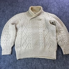 VINTAGE 60s 70s Fisherman Sweater Wool Ivory M Cable Knit Chunky Heavy