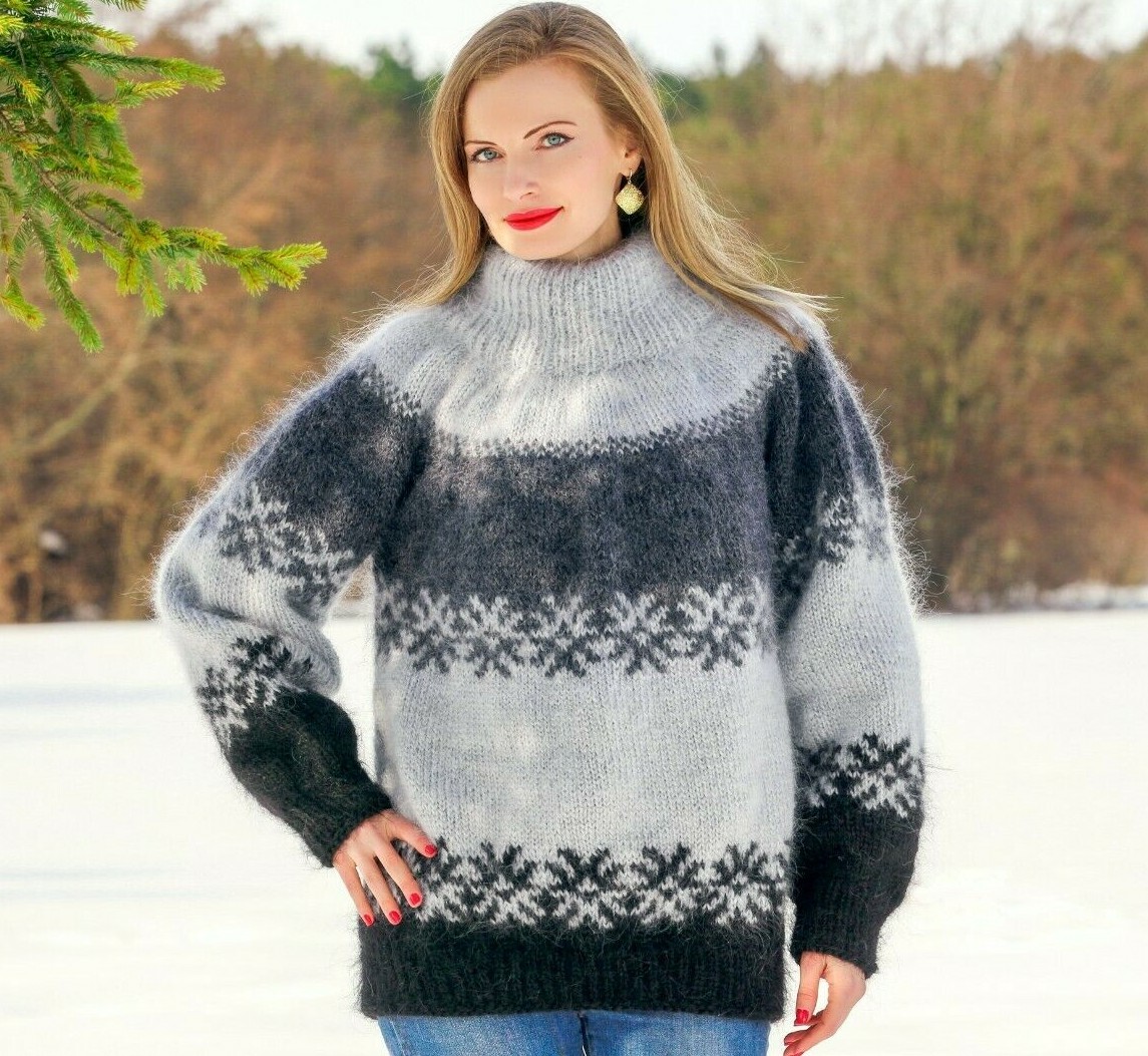 Grey Nordic mohair sweater fuzzy pullover Icelandic hand knit