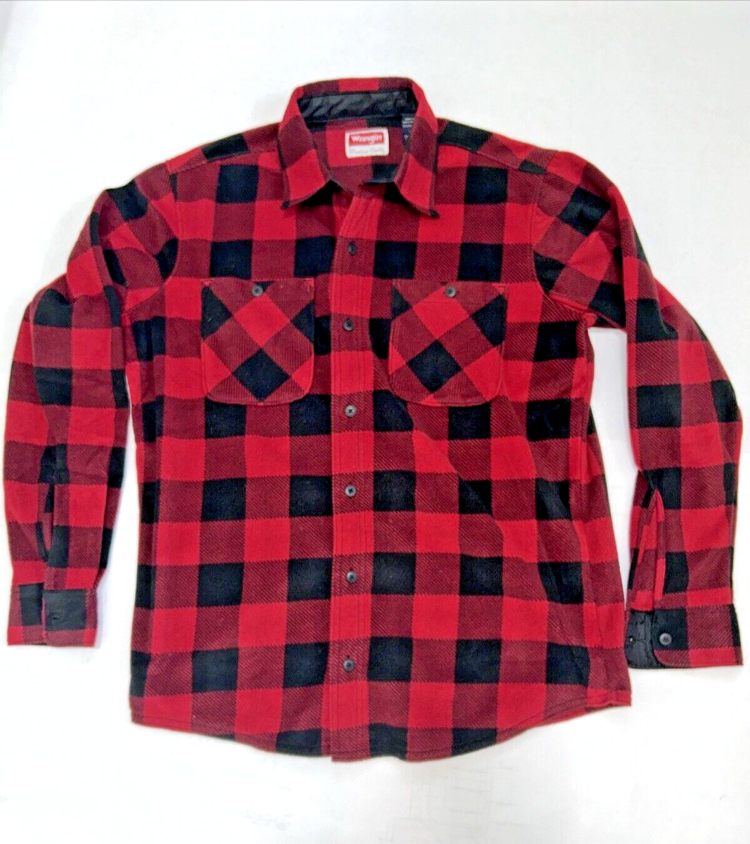 VTG Wrangler Shirt Mens Medium Red/Black Plaid Fleece Flannel Button Up  Shacket